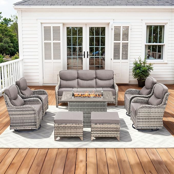 Pugire Luxury Patio Furniture Set with 42.5" Fire Pit Table, 8 Pieces High Back All Weather Wicker Outdoor Furniture w/ 6-Inch Thick Cushions, Patio Swivel Chairs Couch for Deck Balcony Backyard Grey