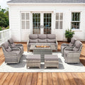 Pugire Luxury Patio Furniture Set with 42.5" Fire Pit Table, 8 Pieces High Back All Weather Wicker Outdoor Furniture w/ 6-Inch Thick Cushions, Patio Swivel Chairs Couch for Deck Balcony Backyard Grey