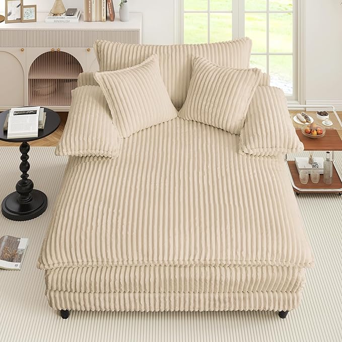 54.8" W Oversized Chaise Lounge Chair Indoor with 5-Position Adjustable Backrest, Corduroy Sleeper Sofa Bed with 3 Pillows, Modern Cloud Couch Chair for Living Room, Bedroom, Khaki
