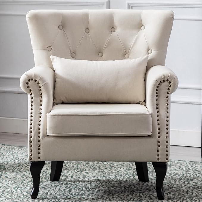 Janoray Mid Century Modern Accent Chair Upholstered Armchair Comfy Linen Fabric Single Sofa with Tufted Wingback for Small Spaces Bedroom Living Room, Beige