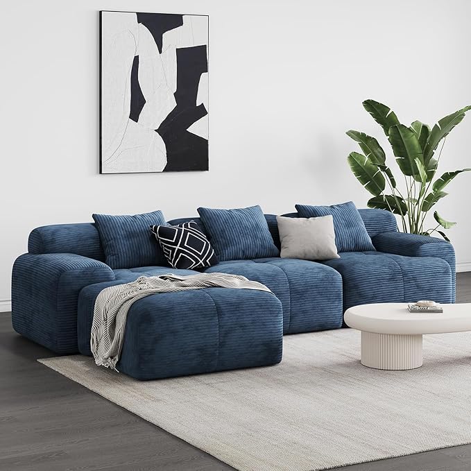 Aosaifen Modern L-Shaped Modular Sectional Sofa for Living Room，Oversized 3-Seater Couch with Deep Seat and Movable Ottoman – No Assembly,Comfortable Corduroy Fabric Boneless Sofa