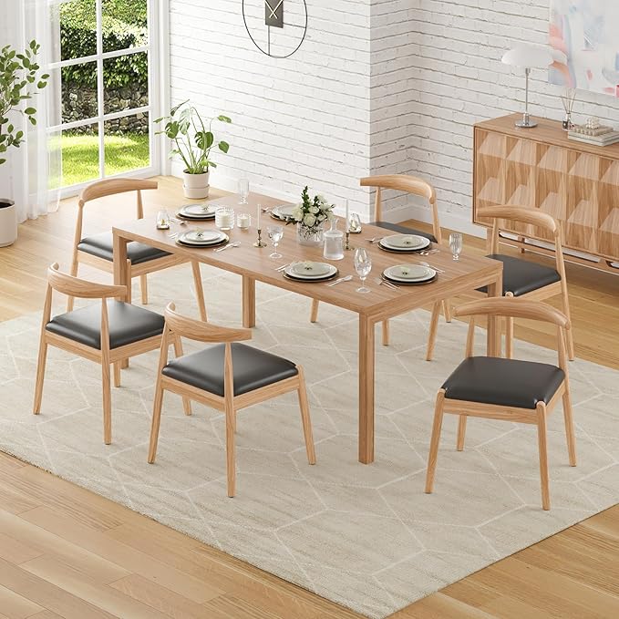 Farini Mid Century Modern Dining Chairs Set of 2, Solid Wood Frame Kitchen Chairs with PU Leather Upholstered Seat for Dining Room & Breakfast Nook,Natural-Black