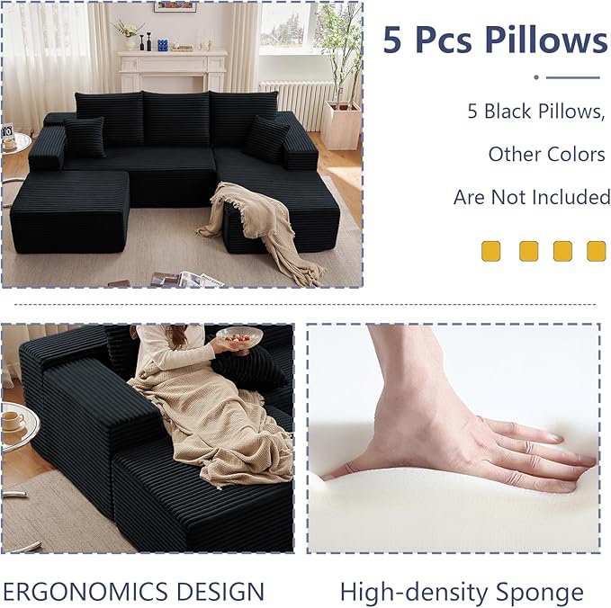 107" W Cloud Sectional Couch with Ottoman,Modern U-Shaped Cloud Couch with Deep Seat,Comfy Corduroy 3-Seater Sofa,Memory Foam Sofa for Living Room,No Assembly (Jet Black,Right-Facing Chaise)