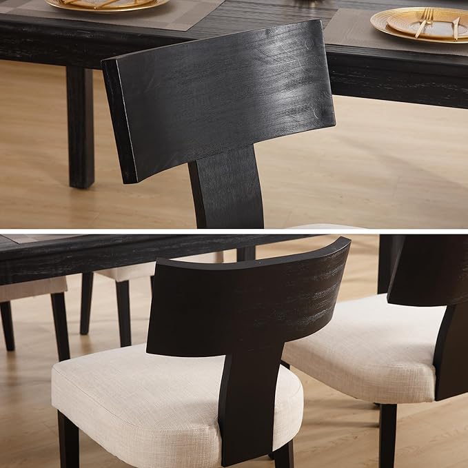 DM Furniture Farmhouse Dining Chairs Set of 4, Linen Fabric Upholstered Kitchen Chairs with Black Distressed Wooden Legs, Comfy Armless Side Chairs for Dining Room/Restaurant, Beige-Black Legs