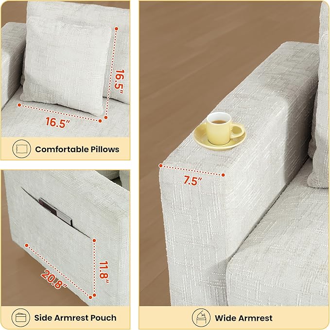 147" Curved Corner Reversible Chaise Chenille Sectional, L-Shaped Oversized Sofa with 6 Deep Plush Seats, with Ottoman & 4 Throw Pillows and Removable Covers, for Living Room and Apartment, Beige