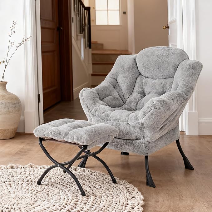 Welnow Lazy Chair with Ottoman, Modern Lounge Accent Chair with Armrests and a Side Pocket, Leisure Sofa Armchair, Reading Armchair with Footrest for Small Space, Plush Grey