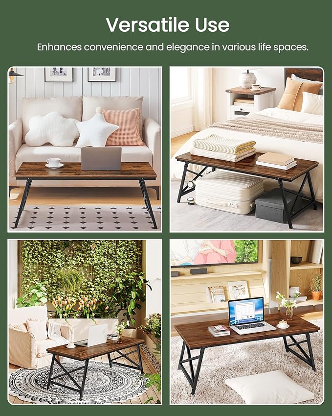 CHOEZON 41.3" Folding Coffee Table with Safety Buckles, Low Coffee Table, Portable Floor Table, for Sitting on The Floor, for Living Room, Bedroom, Balcony, Caravan, Rustic Brown and Black TKF01BF