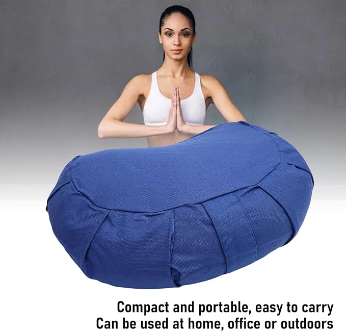 Semme Half Moon Meditation Cushion, Buckwheat Hulls Filled Yoga Pillow with Cotton Cover, for Floor Seating Mat Practice Home Office Outdoor (Dark Blue)