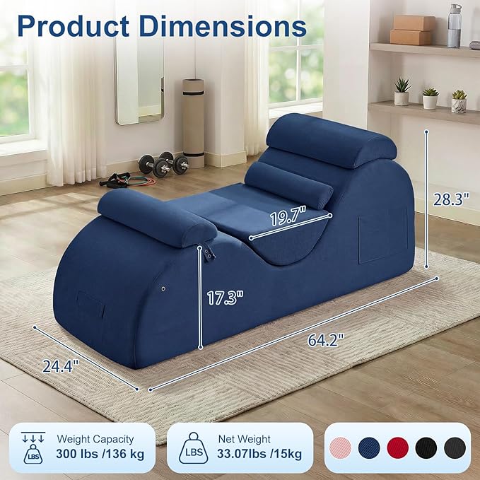 Yoga Chaise Lounge Chair, S-Shaped Floor Sofa with Moveable Headrest, Lumbar Pillow, Support Cushion, Footrest, Non-Slip Base, No-Assembly Lounger for Stretching, Meditation & Relaxation (Blue)