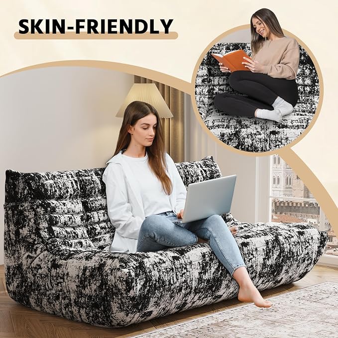 Bean Bag Chair, Fireside Chair, Large Bean Bag Chair for Adults, Bean Bag Chairs for Teens with High-Resilience Foam, Non-Slip Base Floor Lounge Sofa,Living Room (Cross White-Black, 3-Seater)