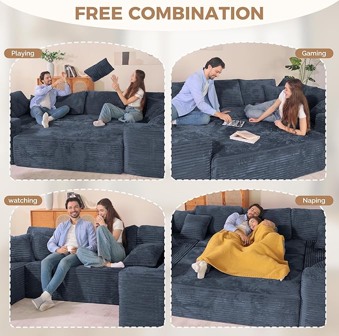 136'' Large Sectional Cloud Couches with Chaise, U Shaped Boneless Loveseat Sofa, No Assembly Required Deep Seat Modular Lounge for Living Room 3PCS Set, Bedroom(Grey)