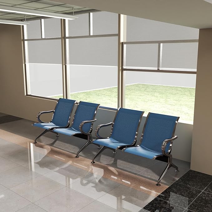 Kinfant 2-Seat Waiting Room Chair - Office Guest Reception Chairs with Ergonomic Backrests, Airport Waiting Bench with Armrests, Metal Waiting Furniture for Hospital, Bank, Salon (Blue, Set of 2)