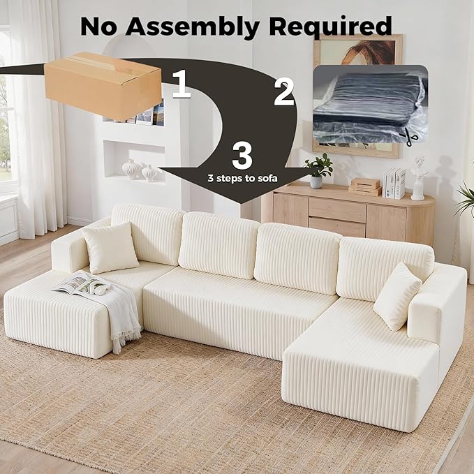 VYNELITO Oversized U Shaped Couch with Chaise, Modern Modular Sofa with Deep Seat, Corduroy Upholstered Boneless Couch for Living Room, No Assembly Required, Beige