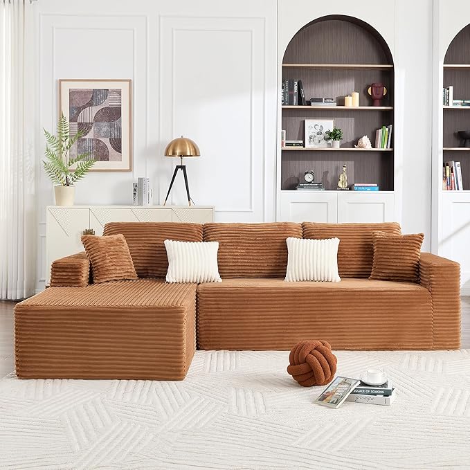 Opiesit 108" Boneless Couches for Living Room, Modular Sectional Sofa with Oversized Chaise, L-Shape Cloud Couch with Deep Seat, High-Density Memory Foam, No Assembly Required, Plush Corduroy Brown