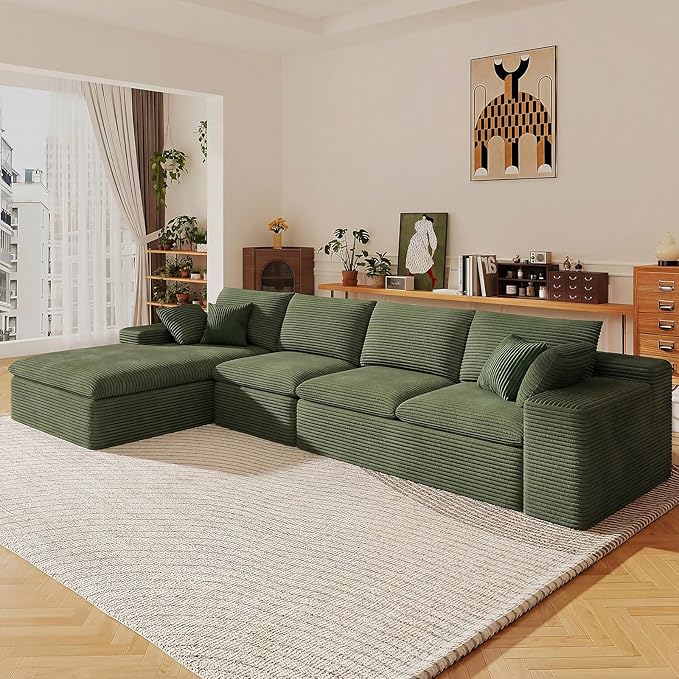 136" Cloud Sectional Couch with L-Shape Chaise, Modern Corduroy Viral Boneless Sofa for Living Room,Memory Foam Couches in a Box with Deep Seat,No Assembly Required (Green,Left-Facing Chaise)