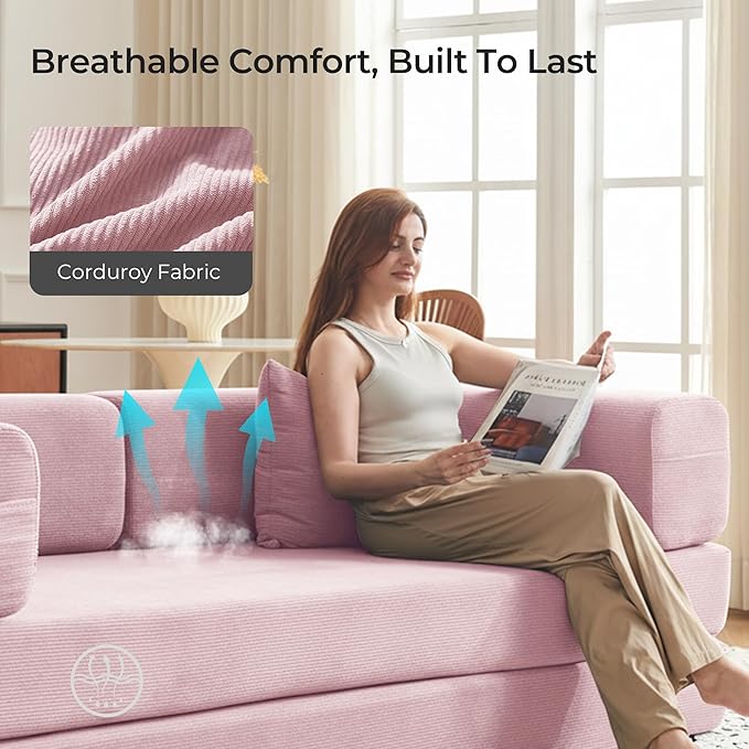 79" Convertible Sofa Bed with Pillows, Corduroy Folding Sleeper Sofa with Fixed-Shape Frame, Boneless Couch for Living Room Bedroom, Floor Sofa Lounge No Assembly Required (A - Style - Pink)
