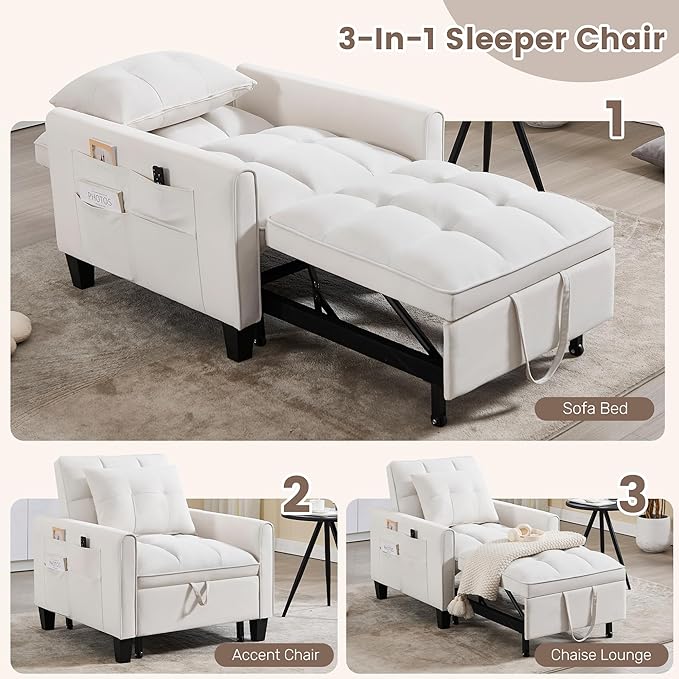 choairy Convertible Sleeper Chair, 3 in 1 Sleeper Chair Bed Pull Out Sofa Bed Chairs, Velvet Single Sofa with Adjustable Backrest for Adults Reading Living Room, Bedroom, Beige