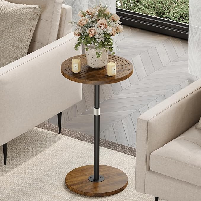 Asgolion Round Side Table, Adjustable-Height Small Drink Table, Pedestal Martini Stand, Weighted Base Cocktail Table Accent Nightstand for Living Room, Bedroom, Bathroom, Office, Walnut