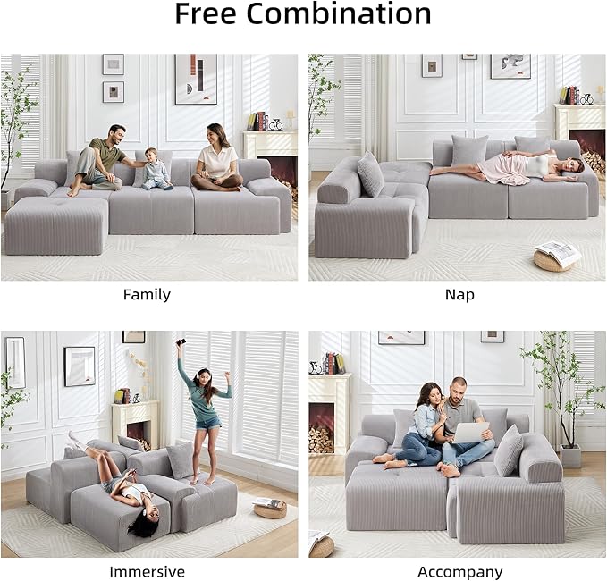 118" Boneless Couches for Living Room, Modular Cloud Sectional Couch with L-Shape Chaise, Modern Upholstered Sofa with Deep Seat, No Assembly Required, Plush Corduroy, Gray