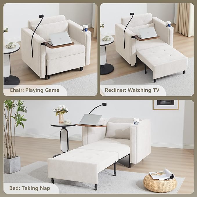 ORRD Pull Out Sofa Chair Bed, 2-in-1 Multi-Functional Sleeper Couch Small Loveseat Bed with Hidden Side Table, Phone Holder and Cup Holder for Living Room, Small Space, Apartment (White)