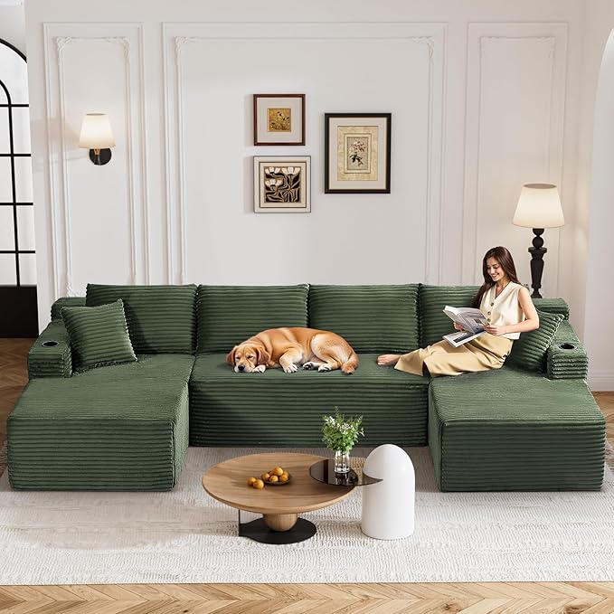 133" Oversized Cloud Boneless Sofa Couch with Chaise, Modern Corduroy U Shaped Modular Sectional Sofa with Deep Seat, Comfy Couch with Cupholders and Storage, No Assembly Required-Green
