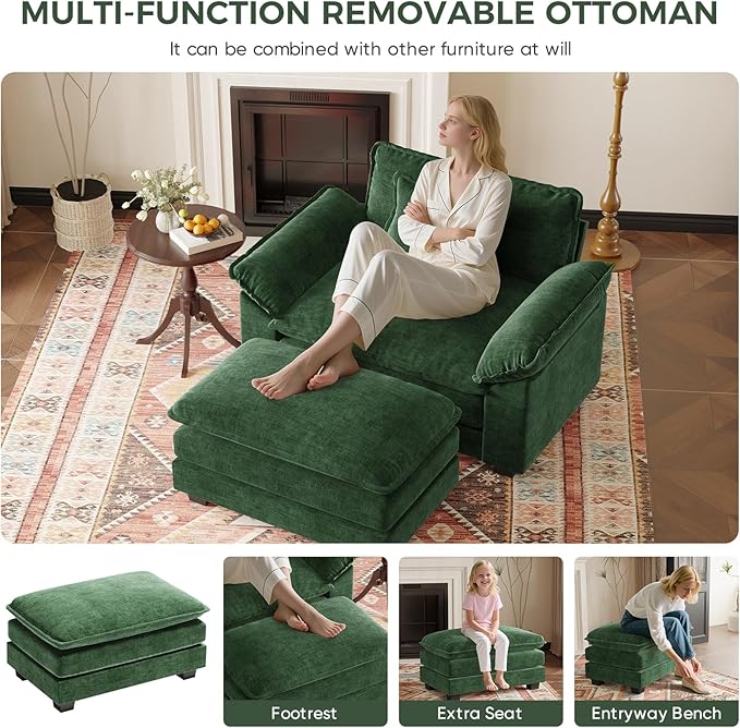 HUSFU Oversized Accent Chair with Ottoman, Chenille Cloud Couch Chair with Deep Seat and Extra Wide Armrests, Comfy Reading Armchair for Bedroom, Living Room, Set of 2, Green