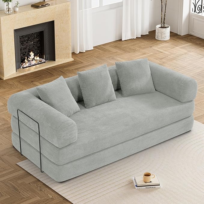 DAMAIFROM Convertible Sleeper Sofa Bed with Pillow, 4-in-1 Corduroy Folding Mattress Couch with Fixed-Shape Frame, Futon Fold Out Floor Sofa Cama Lounge Couch for Living Room Bedroom, Light Grey
