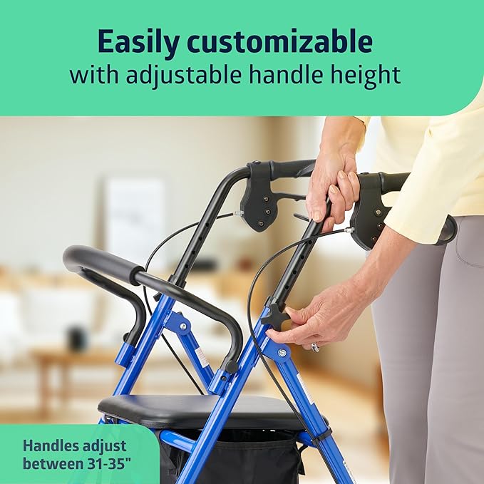 Medline Steel Rollator Walker for Adult Mobility Impairment, Blue, 350 lb. Weight Capacity, 8” Wheels, Foldable, Adjustable Handles, Rolling Walker for Seniors