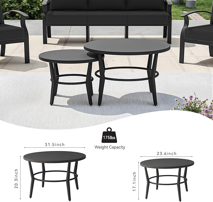 RTDTD Aluminum Outdoor Patio Furniture Set,7 Seats Patio Conversation Sets with 2 Round Coffee Tables,Metal Patio Sectional Furniture Set with 5.1" Thickened Cushions,Black