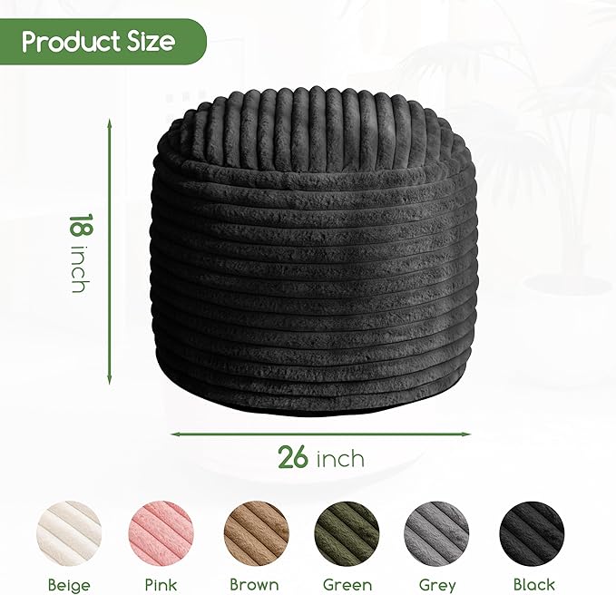 HIGOGOGO Round Stuffed Pouf Ottoman, Stripe Faux Fur Poufs with Foam Chunk Filling, Furry and Fluffy Pouf Foot Stool Storage Ottoman, 26 X 18 Floor Poufs Foot Rest for Living Room, Black