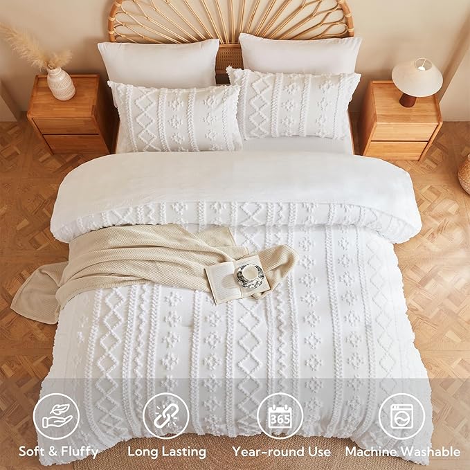 MR&HM Farmhouse Comforter Set King 7 Pieces, White Tufted Boho Beddding Sets, Bed in a Bag with 1 Comforter, 2 Pillow Shams, 2 Pillowcases, 1 Flat Sheet, 1 Fitted Sheet for All Seasons
