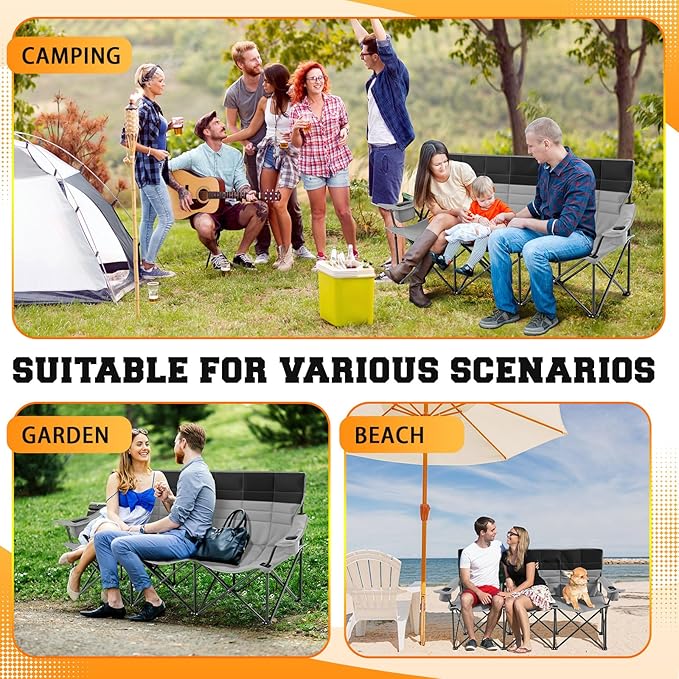 Lowdown 3 Person Camping Chairs, Oversized 771 Lbs Sturdy Camping Couch Chair Portable Fully Padded Folding Loveseat Sofa for Campsites, Festivals, Concerts, Tailgates, Soccer Games