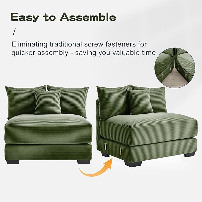KEIKI 146" L-Shaped Oversized Corduroy Modular Cloud Sectional Sofa with High-Density Foam Cushion, Extra-Thick Armrest, Convertible 5-Seater Fluffy Corner Couch with 18 Pillow, for Living Room, Green
