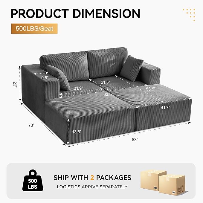 83'' Boneless Loveseat Sofa, Comfy Deep Seat Cloud Couch with 2 Moveable Ottoman, No Assembly Corduroy Love Seat for Living Room, Grey
