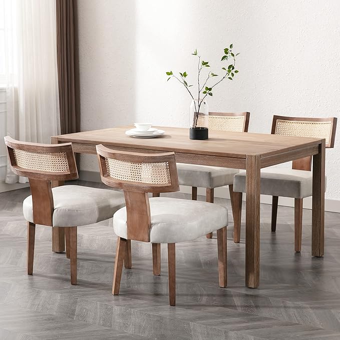RIVOVA Rattan Dining Chairs Set of 2, Mid-Century Modern Dining Chair, Kitchen Dining Room Chairs, Curved Cane Back Upholstered PU Leather Dining Chairs with Wood Frame, Grey