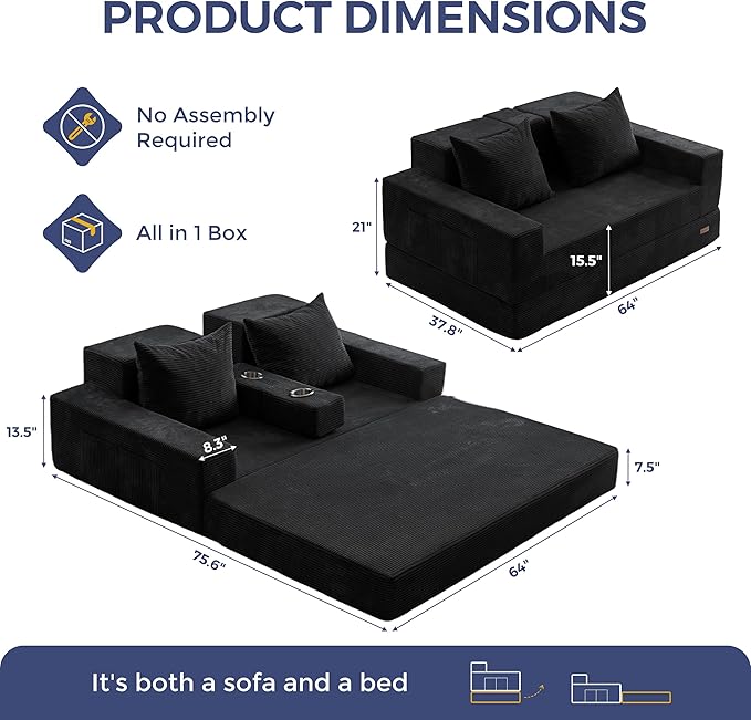 MAXYOYO Loveseat Sofa Bed, 64" Foldable Floor Sofa Couch in A Box with 2 Cup Holders, 4 in 1 Convertible Boneless Couch Folding Recliner Sleeper Chair for Living Room, No Assembly Required, Black