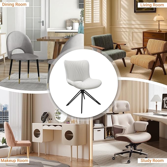 VATROS Dining Chairs Set of 2, 360° Swivel Upholstered Mid-Century Modern Kitchen Dining Room Chairs, Armless Faux Leather Accent Side Chair with Padded Back, Metal Legs for Living Room Bedrooms White