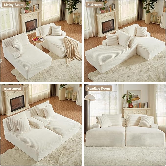 VEPXXP 80" Double Chaise Lounge Chair Indoor, Oversized Boneless Couch Comfy Upholstered Sleeper Sofa Bed with 4 Pillows, Corduroy Cloud Loveseat Chair for Living Room No Assembly Required, White