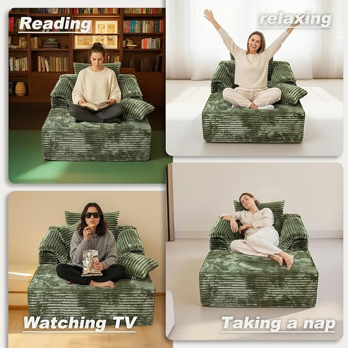 Oversized Chaise Lounge Chair Indoor, Upholstered Single 61'' Rolled Arm Boneless Cloud Sofa Bed Sleeper Couch, No Assembly Faux Rabbit Fur Memory Foam Reading Chair for Living Room Bedroom Green