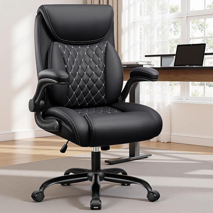BESTFAIR Office Chair,Ergonomic Office Chair with Lumbar Support for Lower Back Pain Relief, Executive Leather Chair with Padded Flip-up Arms, Wheels and Adjustable Armrests, Black Pack of 4