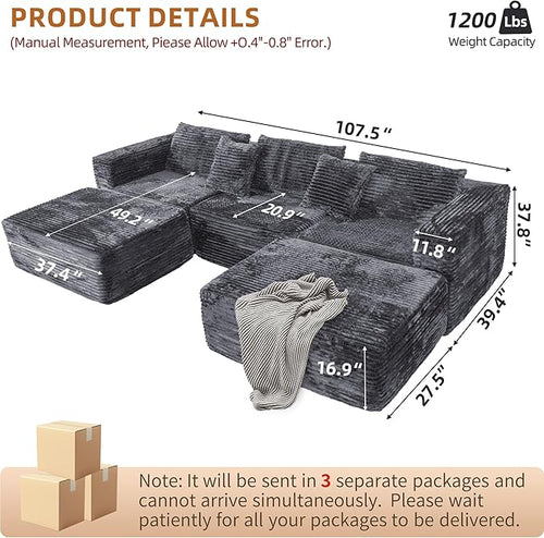 110 Modular Sectional Boneless Sofa with 2 Ottomans, Corduroy U-Shaped Modular Sectional Sofa, Convertible Cloud Couch with Deep Seats, No Assembly Required (Grey, 110" 3Seat+2 0ttoman)