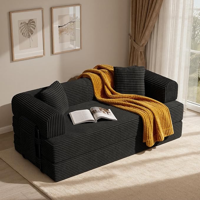 Convertible Corduroy Sleeper Sofa Bed with Cylindrical Pillow, Folding Mattress Couch with Fixed-Shape Frame, Floor Sofa Lounge Couch for Living Room Bedroom Lounge Studio, Black
