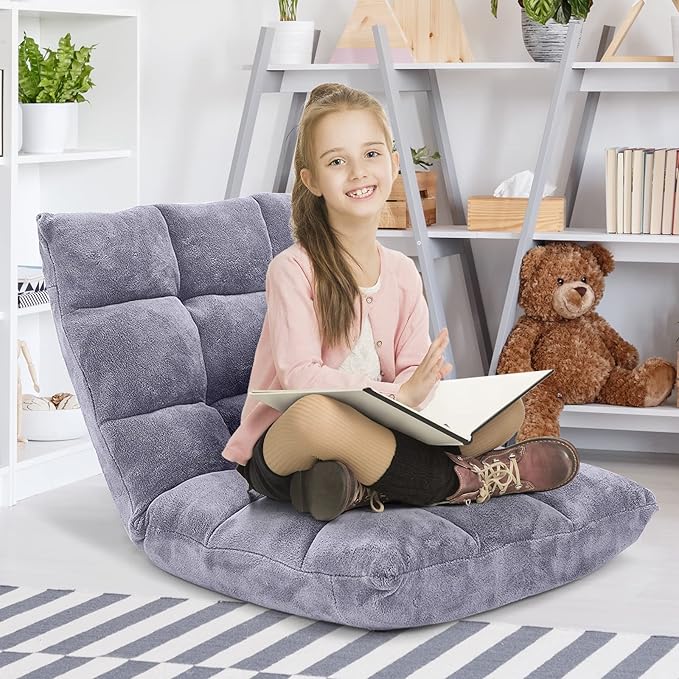 Floor Chair with Back Support, Foldling Gaming Sofa Chair with Comfy Cushion, Adjustable 14-Position Meditation Chairs, Lazy Lounge Recliner Reading Seat for Adults, Kids (Grey)