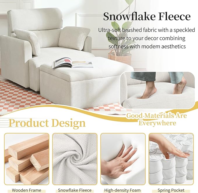 QKFF Modern Oversized Accent Chair with Storage Ottoman & Side Pillows, Snowflake Fleece Upholstered Chaise Lounge Chair, Deep Seat Reading Chair for Living Room, 350lbs Capacity
