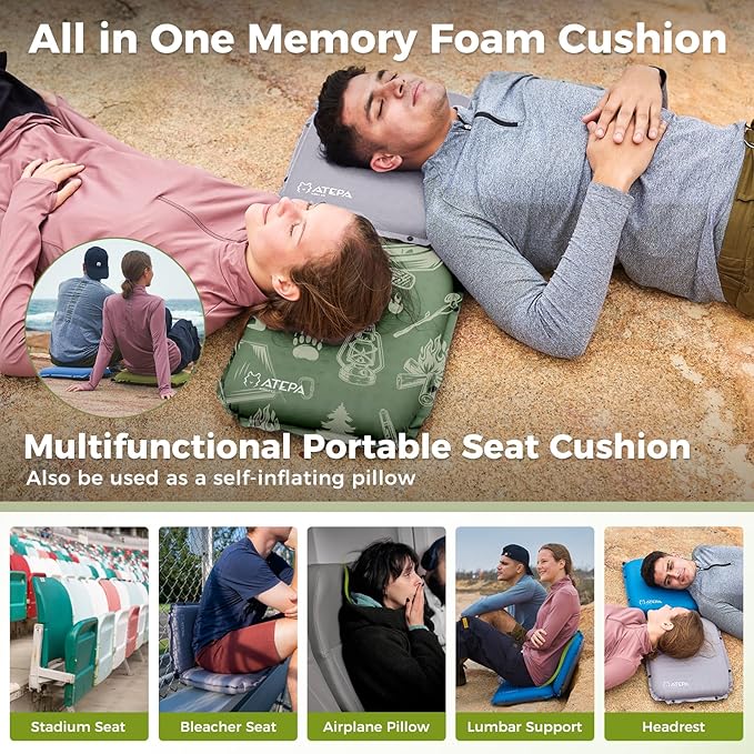 ATEPA Inflatable Seat Cushion, Self-Inflating Portable Stadium Airplane Travel Foam Cushion Pad for Camping, Sports Events, Outdoor