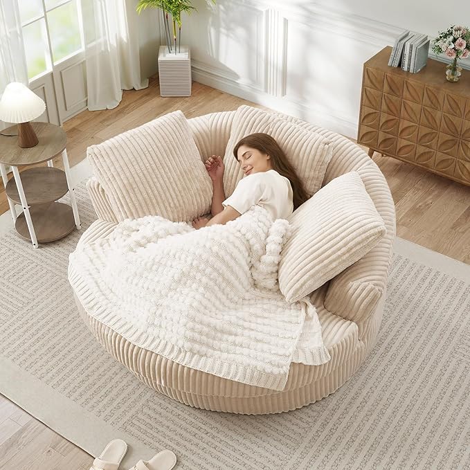61"W Oversized Round Chaise Lounge Chair Indoor, Upholstered Corduroy Large Circle Boneless Chair with Deep Seat, No Assembly Required, Modern Comfy Cloud Sofa Chairs for Living Room, Bedroom(Beige)