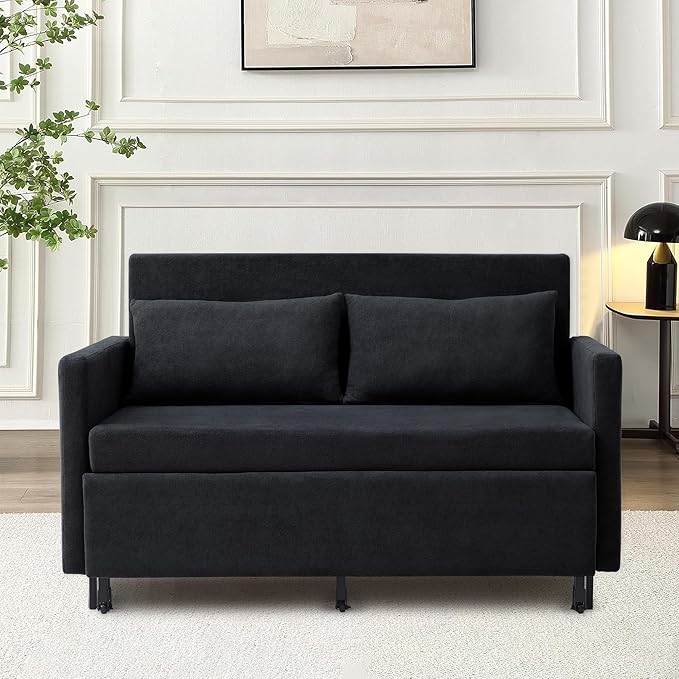 QHITTY Pull Out Couch Bed, 2-in-1 Sleeper Sofa Small Loveseat Bed with Hidden Side Table and Iron Frame for Living Room, Small Space, Apartment (Black)