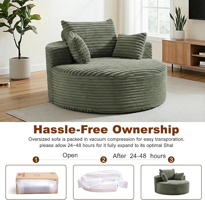55'' Oversized Round Boneless Chaise Lounge Chair Indoor, Upholstered Corduroy Deep Seat Cloud Large Circle Sofa Couches Bed Corduroy Modern Floor No Assembly Sleeper Bed for Living Room, Bedroom