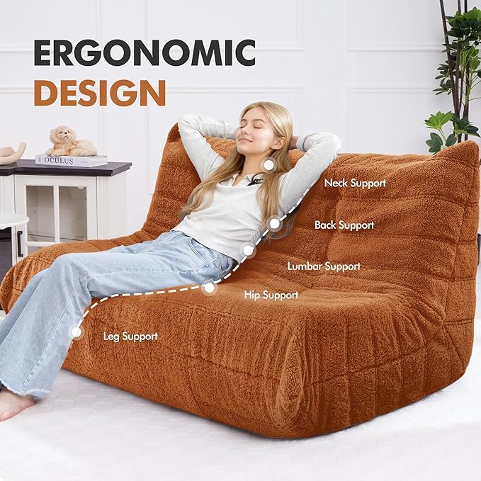 Bean Bag Loveseat Chair Big Sofa Beanbag Chair for Adults Fireside Chair Bean Bag Lounger with Memory Foam Filled for Home,Apartment or Gaming Venue（Brown Teddy）
