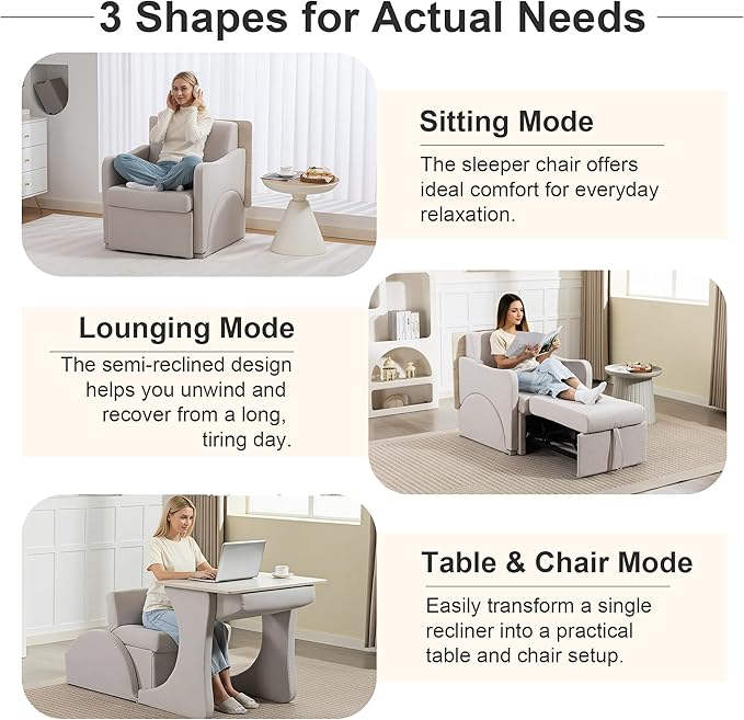 Reading Chair, Chaise Lounge Chair Indoor, 3 in 1 Multiple Convertible Pull Out Lounge Couch, Fabric Reading Chairs, Single Sleeper Sofa with Adjustable Backrest for Dorm, Bedroom, College, White